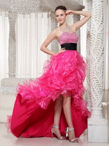 Hot Pink Beaded Belt Embellishment Prom Dress With High-low