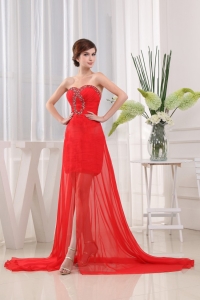 Sweet Red Prom Dress Sweetheart Brush Train Beading and Ruch