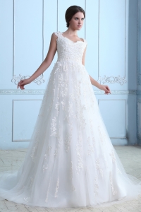 Vintage A-line V-neck Court Train Tulle Lace Wedding Dress