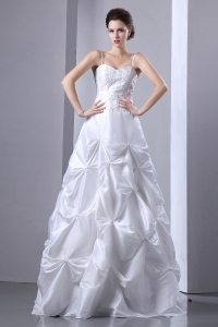 White A-line Spaghetti Straps Floor-length Taffeta Beading and Pick-ups Wedding Dress