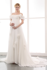 Simple Empire Off The Shoulder Chapel Train Chiffon Lace and Hand Made Flowers Maternity Dress