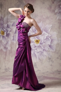 Eggplant Purple Column One Shoulder Floor-length Taffeta Beading And Hand Made Flowers Prom Dress