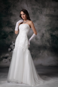 Perfect A-line Strapless Brush Train Tulle Lace Wedding Dress