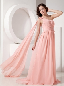 Baby Pink Empire One Shoulder Watteau Train Chiffon Appliques Prom Dress