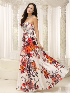 Strapless Printing Evening Dress Beaded Decorate Bust Floor-length