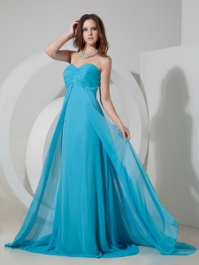 Aqua Blue Empire Sweetheart Brush Train Chiffon Ruch Prom Dress