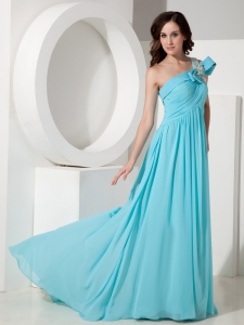 Aqua Empire One Shoulder Court Train Chiffon Beading Prom / Evening Dress