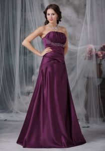 Dark Purple A-line Strapless Floor-length Taffeta Beading Prom Dress