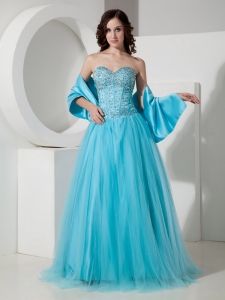 Turquoise A-Line / Princess Sweetheart Floor-length Tulle Beading Prom Dress
