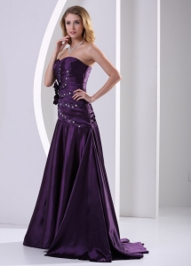 A-line Hand Made Flowers Beading and Ruch Prom Graduation Dress Eggplant Purple Taffeta