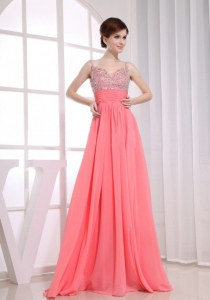 Beading Empire Straps Watermelon Chiffon Floor-length Prom Dress