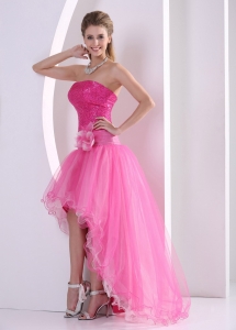 High-low Hot Pink Seqinces Decorate Hand Made Flower Prom Celebrity Dress With Organza