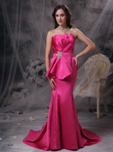 Hot Pink Mermaid Strapless Court Train Satin Beading and Ruch Prom / Celebrity Dress