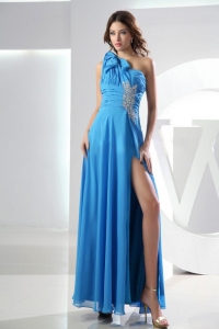 One Shoulder Empire Ankle-length Beading Baby Blue Chiffon Prom Dress