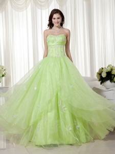 Yellow Green A-line Sweetheart Floor-length Organza Beading Prom Dress