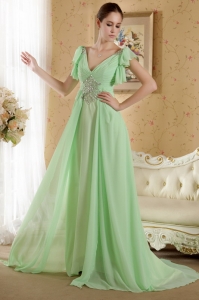 Apple Green Empire V-neck Short Sleeves Court Train Chiffon Beading and Ruch Prom / Graduation Dress