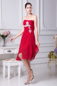 Appliques Decorate Bodice Strapless Chiffon Asymmetrical Wine Red 2019 Prom Dress