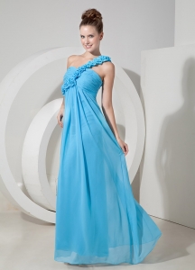 Aqua Blue Empire One Shoulder Floor-length Chiffon Hand Made Flowers Prom / Evening Dress