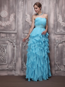 Aqua Blue Empire Strapless Floor-length Chiffon Beading and Ruffles Prom Dress