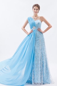 Baby Blue Empire One Shoulder Brush Train Chiffon and Lace Beading Prom Dress