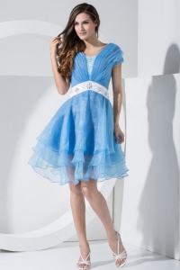 Baby Blue Prom Dress With Embroidery and Ruching V-neck Knee-length Short Sleeves