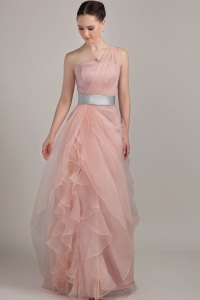 Baby Pink Column/Sheath One Shoulder Floor-length Organza Ruffles Prom Dress
