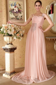 Baby Pink Empire Straps Court Train Chiffon Beading and Ruch Prom / Graduation Dress