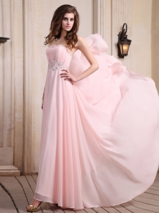 Baby Pink Prom Dress With Beaded Chiffon Brush Train For Party