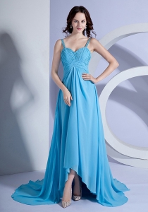 Beading Decorate Bodice Straps Light Blue Empire Brush Train 2019 Prom Dress