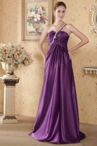 Eggplant Empire One Shoulder Brush Train Elastic Woven Satin Beading and Ruch Prom / Graduation Dress