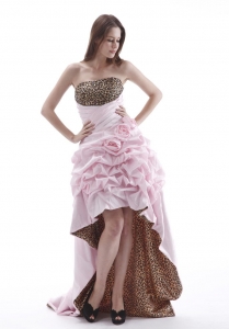 High-low Prom Dress With Hand Made Flowers and Pick-ups Baby Pink Leopard