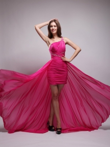 Hot Pink Asymmetrical One Shouleder Brush Train Chiffon Beading Prom / Evening Dress
