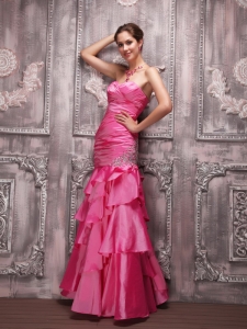 Hot Pink Column Sweetheart Floor-length Taffeta Beading Prom Dress