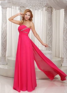 Hot Pink One Shoulder Ruched Bodice Customize Prom Dress With Beading Chiffon Watteau Train