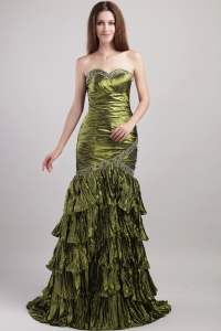 Olive Green Column Sweetheart Brush Train Taffeta Beading and Ruch Prom / Celebrity Dress