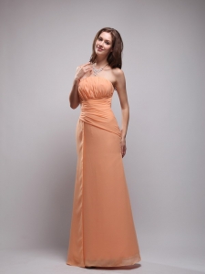 Orange Column Strapless Floor-length Chiffon Ruch Prom Dress