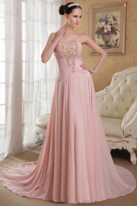 Pink A-Line / Princess Strapless Watteau Train Chiffon Beading and Hand Made Flowers Prom / Evening Dress