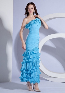 Pleat Decorate Bodcie One Shoulder Aqua Blue Ankle-length 2019 Prom Dress