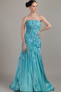 Teal A-line Strapless Brush Train Taffeta Beading and Ruch Prom Dress