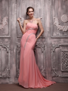 Watermelon Column Strapless Brush Train Chiffon Beading Prom / Evening Dress