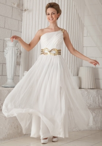 White Empire One Shoulder Floor-length Chiffon Sequins Prom Dress