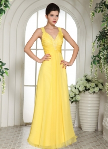 Yellow Straps Prom Dress With Appliques For Custom Made