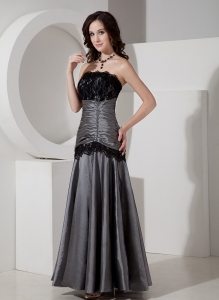 Silver A-Line / Princess Strapless Floor-length Taffeta Lace Prom Dress