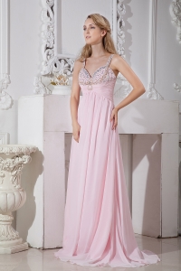 Baby Pink Empire Straps Brush Train Chiffon Beading Prom Dress