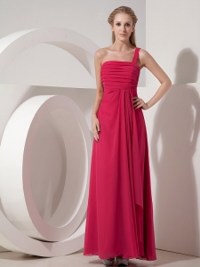 Coral Red Column One Shoulder Floor-length Chiffon Ruch Prom Dress