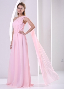 Discount One Shoulder Watteau Train Ruched Bodice 2019 Prom Dress Baby Pink Chiffon