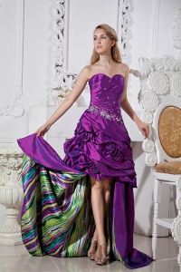 Eggplant Purple Column Sweetheart High-low Taffeta Hand Made Flowers and Beading Prom Dress
