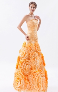 Gold Mermaid Sweetheart Floor-length Fabric With Rolling Flower Ruch Prom Dress