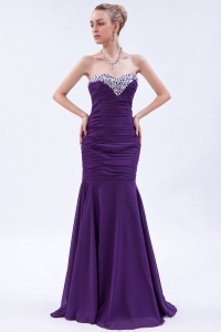 Purple Mermaid Sweetheart Brush Train Chiffon Beading and Ruch Prom Dress