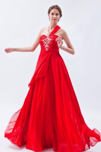 Red Empire One Shoulder Floor-length Chiffon Beading Prom Dress